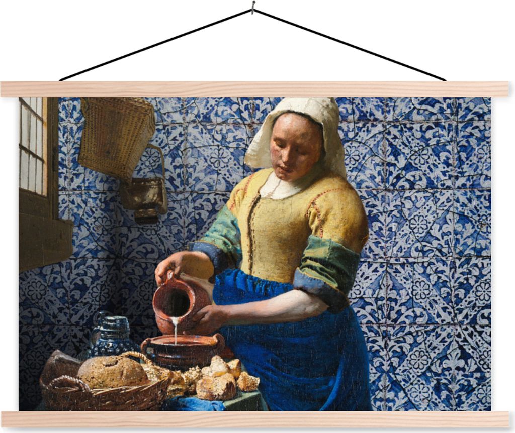 MuchoWow Textilposter Milchmädchen - Delfter Blau - Vermeer - Gemälde - Alte Meister 120x80 cm mit holzfarbenen Rahmen - Aufhängeset