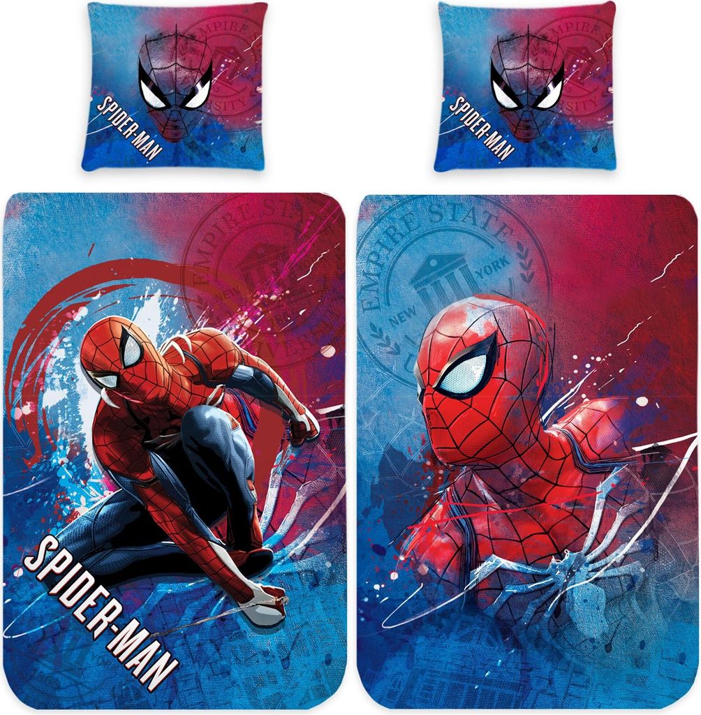 A collage of Spider-Man themed bedding items, including pillowcases and a duvet cover, featuring illustrations of the superhero.
