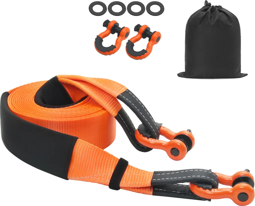 SucceBuy Set di cinghie di traino per uso intensivo 3,35" x 30 piedi (MBS-36.000 lbs) Cinghia per verricello salva-albero, triplo anello rinforzato, manicotti protettivi e borsa di stoccaggio