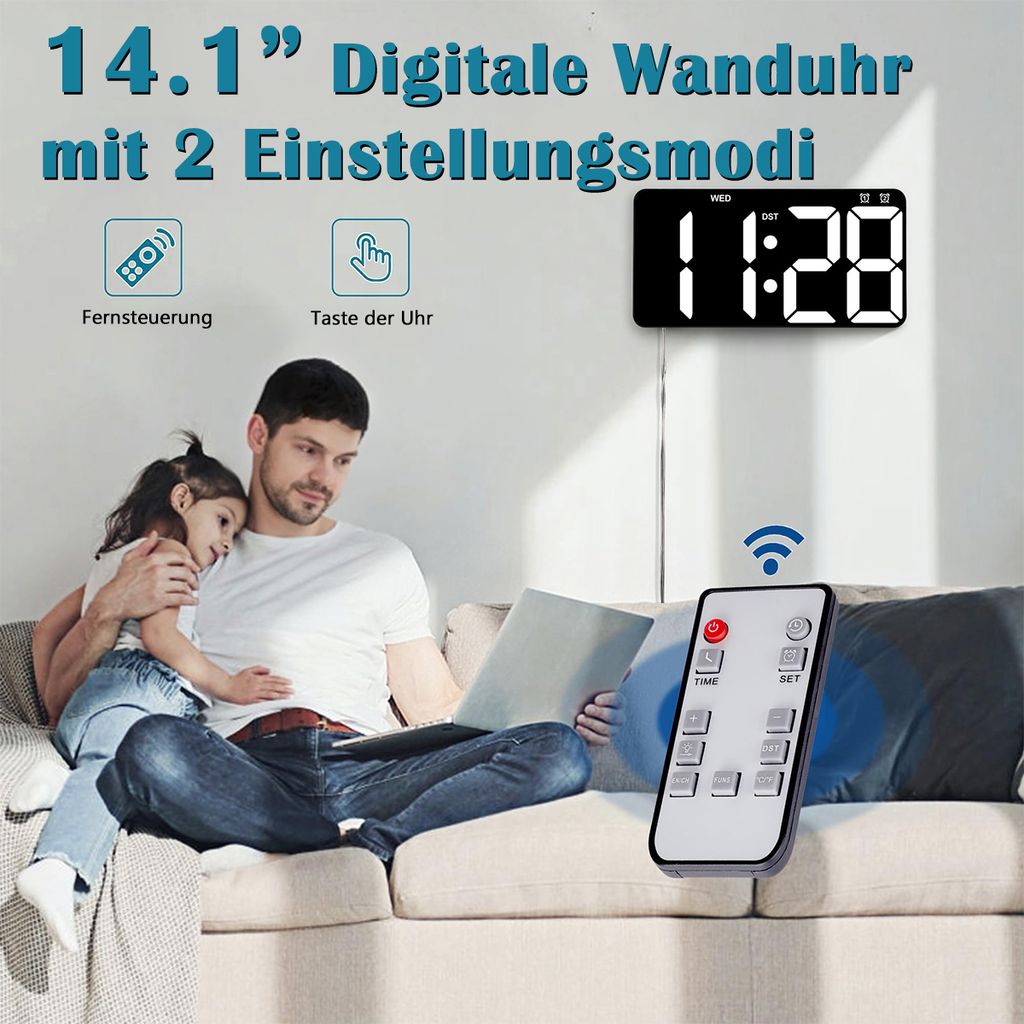 14" Digitale Wanduhr mit Fernbedienung, LED Anzeige für Produktbild 7