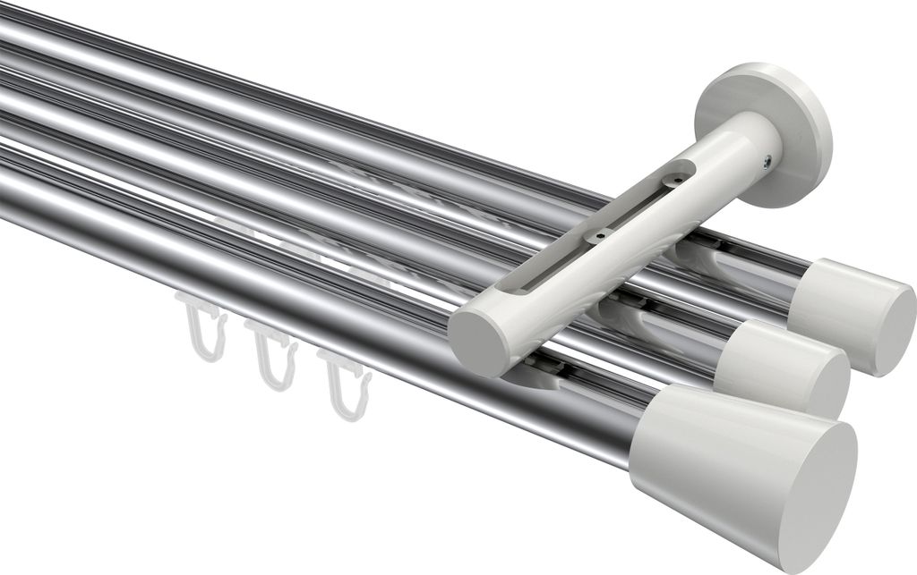 Interdeco Innenlaufstange / Gardinenstange mit Innenlauf Chrom / Weiß, Typ Siteno Sitra (Konus), 20 mm Ø 3-läufig, 200 cm