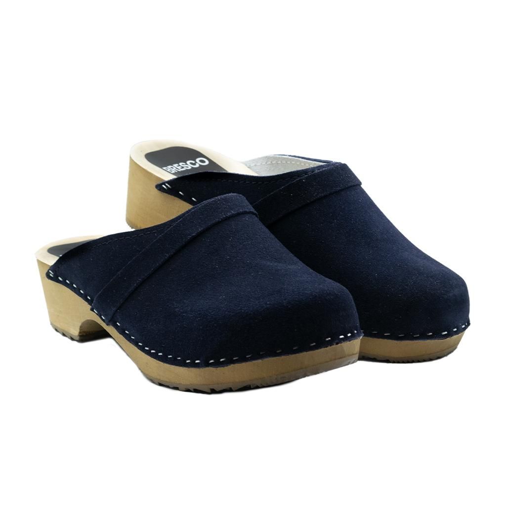 Damen-Holzclogs aus dunkelblauem Veloursleder mit Riemen – Produktbild 