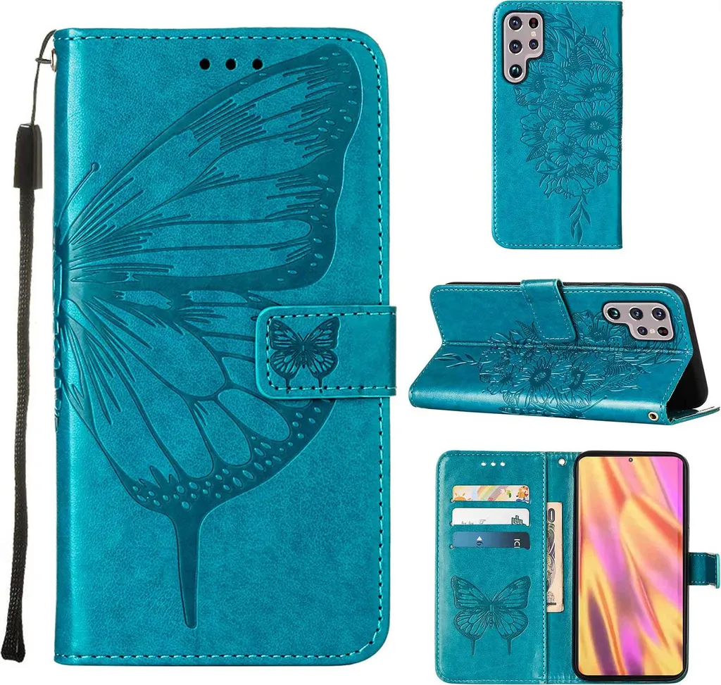 Idea Regalo Cover Samsung S23 Ultra Blu - Farfalle in Pelle Flip