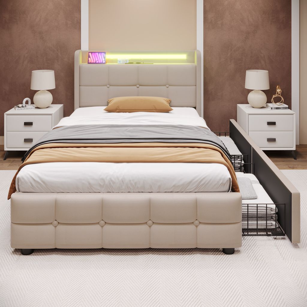 okwish Einzelpolsterbett 90x200 cm, LED-Beleuchtung, 2 Schubladen, USB-Ladekopfteil mit Stauraum, Holzlattenrost, Beige (ohne Matratze)