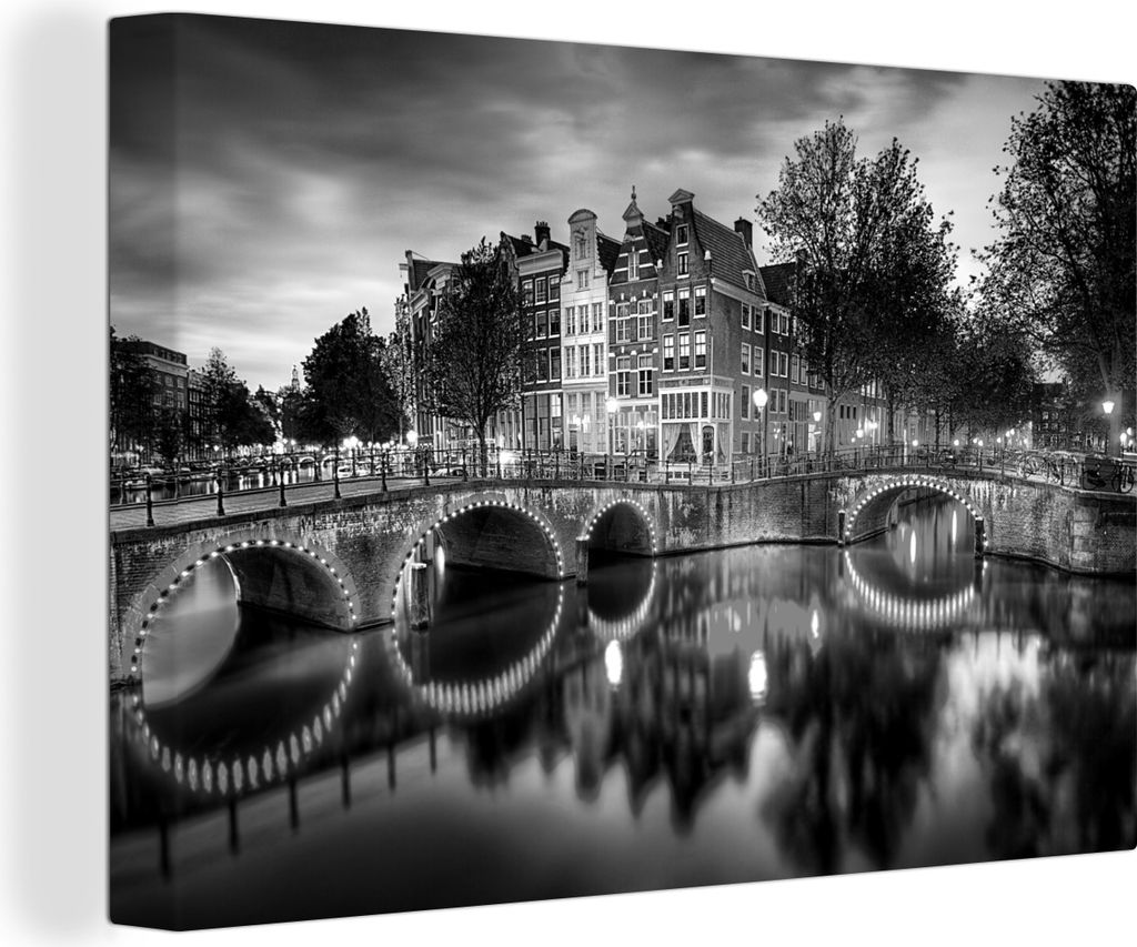 OneMillionCanvasses - Leinwandbilder - 150x100 cm, Die Keizersgracht bei Nacht - schwarz und weiß, Wandbilder Kunstdruck Wanddekoration