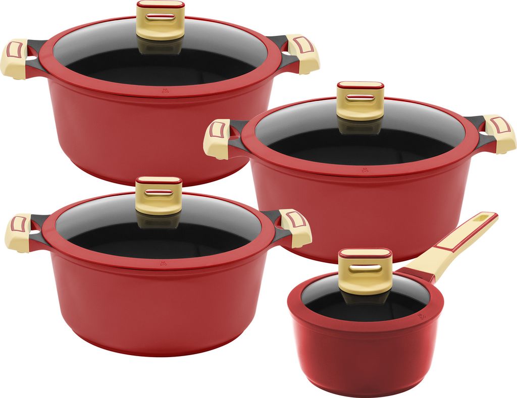4/8tlg. KING Kochtopfset GOURMET ROT / Topfgrößen ca. Ø16, Ø18, Ø20, Ø24cm / aus Aluguss mit keramisch verstärkter Antihaftbeschichtung: X...