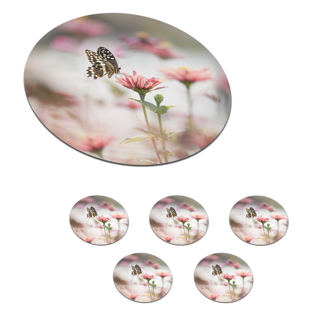 KitchenYeah Glasuntersetzer Rund 6er Set Schmetterling - Blume - Rosa 10x10 cm Untersetzer für Gläser - Getränkeuntersetzer - Tischplattenschu...