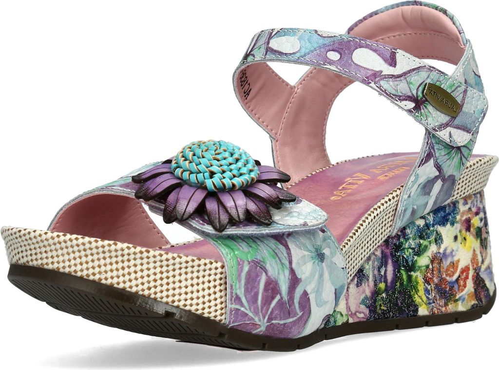Laura Vita Damen Sandalette Leder mit Blumenmuster und Keilabsatz Barry 36, Größe:41 EU, Farbe:Violett