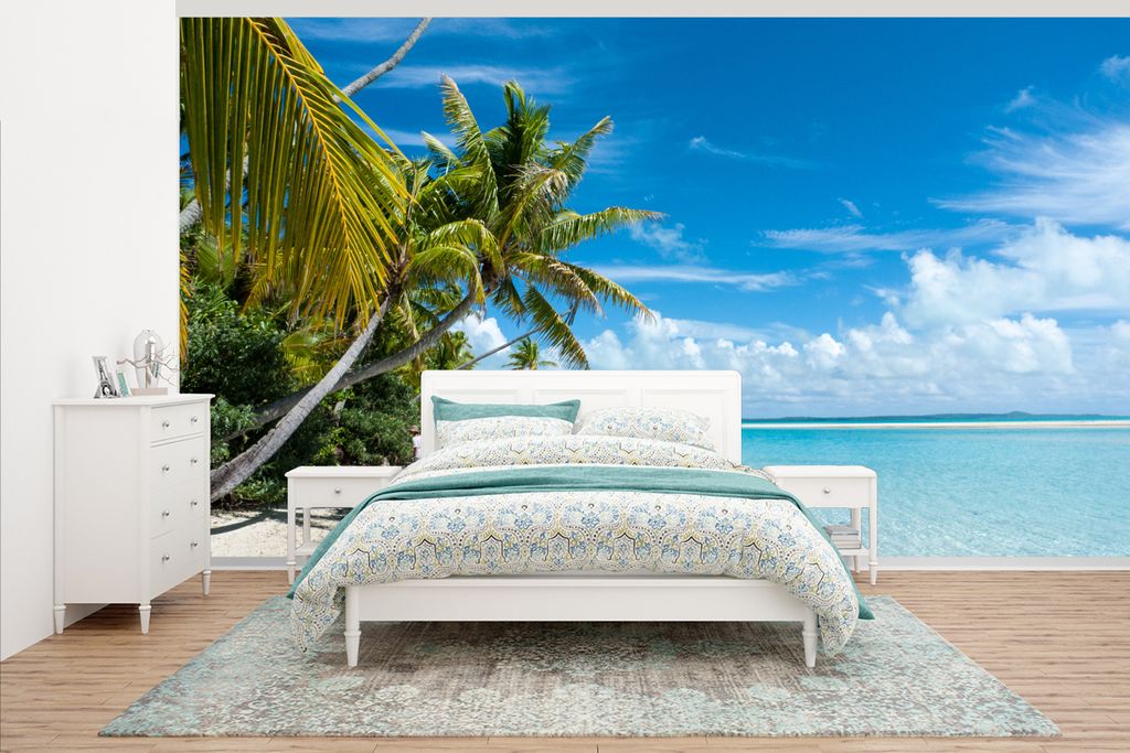 MuchoWow Fototapete für Wohnzimmer oder Schlafzimmer Wandtapete Vinyl Motivtapete Die Küstenlinie mit krummen Palmen auf One Foot Island - 465x...