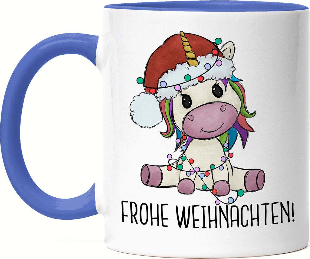 Frohe Weihnachten Tasse Blau Geschenkidee Einhorn-Fans Unicorn Süßes Motiv für Weihnachten für Kinder