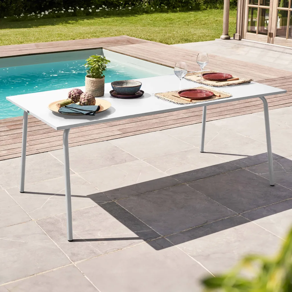 Table de repas extérieure en acier blanc pour terrasse moderne