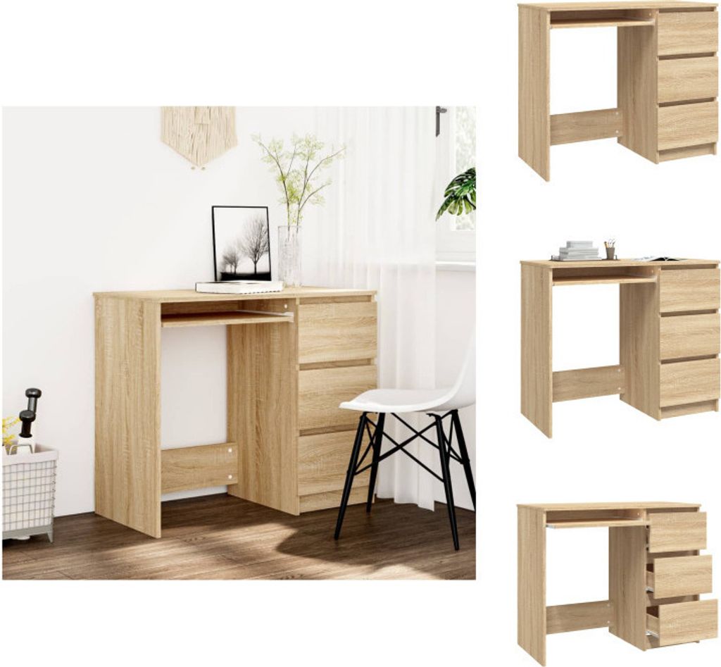 A collage of images showing a wooden desk with drawers from different angles and in different settings.