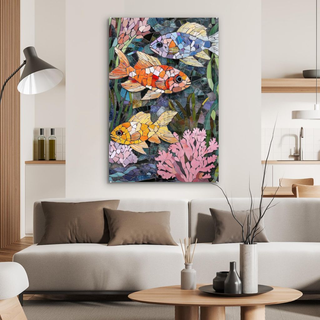MuchoWow Glasbilder - Bilder auf Wandbild - Foto auf Glas Fisch - Koralle - Meer - Mosaik 80x120 cm Wanddekoration aus Glas - Acrylglasbild - Acryl...