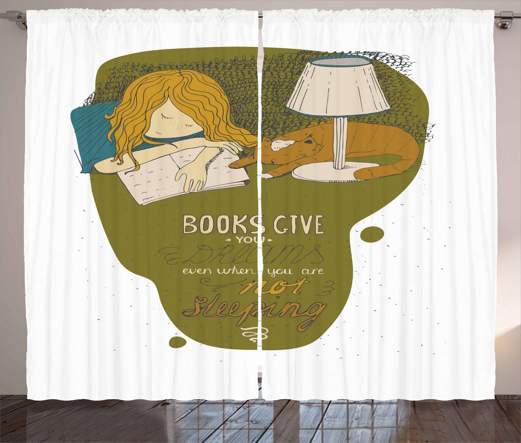ABAKUHAUS Buch Rustikaler Gardine, Mädchen und Katze schlafen auf Buch, Schlafzimmer Kräuselband Vorhang mit Schlaufen und Haken, 280 x 225 cm, M...