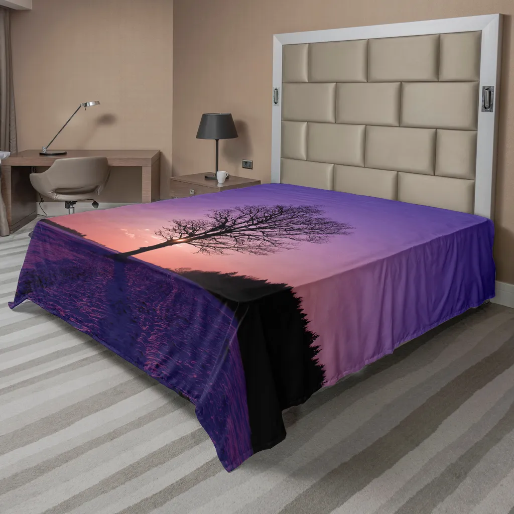 ABAKUHAUS Lenzuolo naturale, quercia al tramonto, inverno, neve, campo, foresta sempreverde, scenario serale, lenzuolo morbido e confortevole per un letto decorativo, 1 pezzo, 275 cm x 260 cm, viola