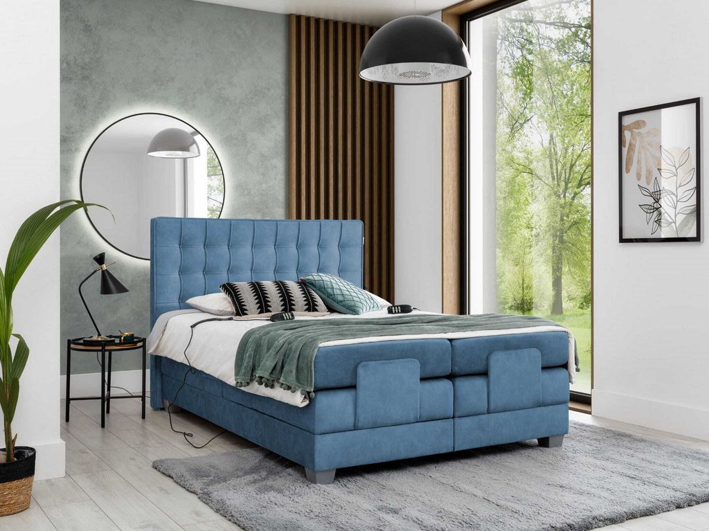 Bett Elektrisches Boxspringbett MARY mit Pocket-Matratze , Bonell-Matratze und Topper - H3 - Dopppelbett ( 200x200 cm , Blau - Terra 73 )