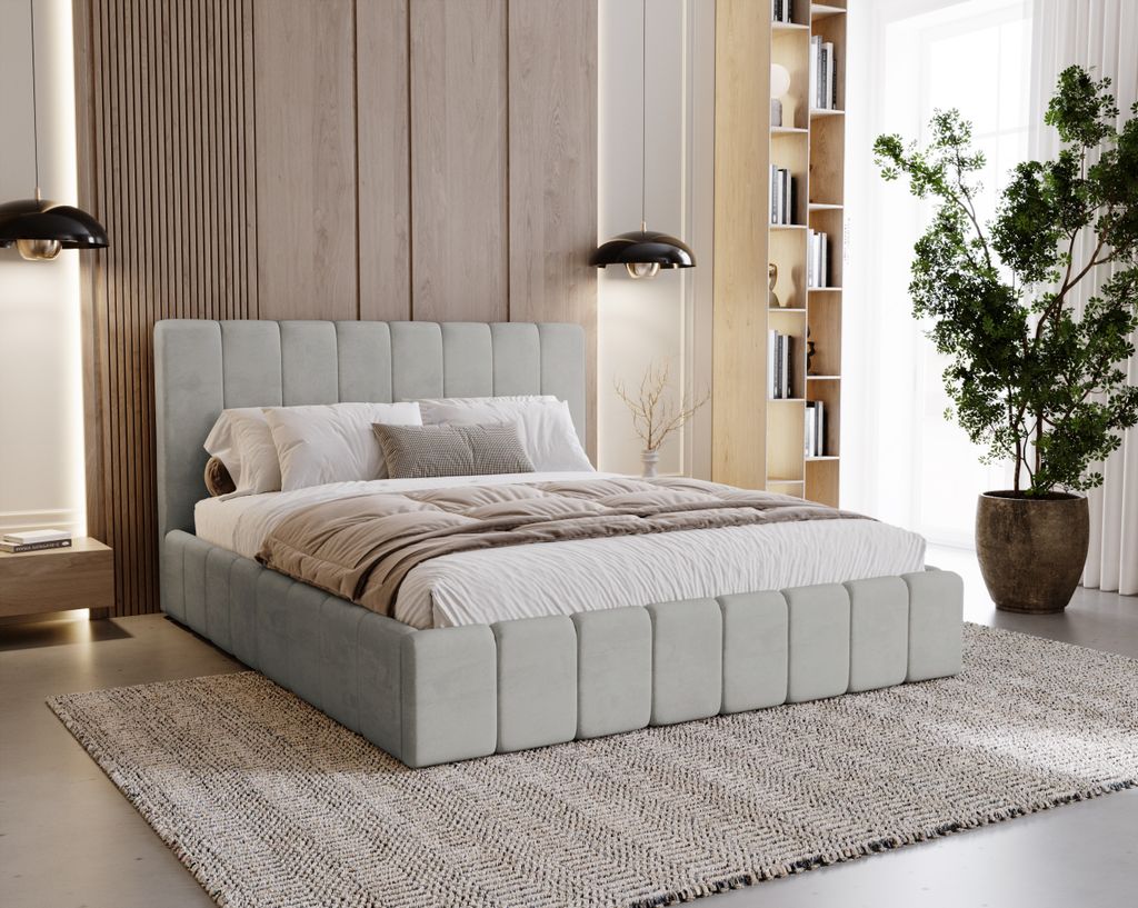 BESILIO Polsterbett Doppelbett 140x200 Lexy - Metallrahmen, Bettkasten, slim Bett - Hellgrau