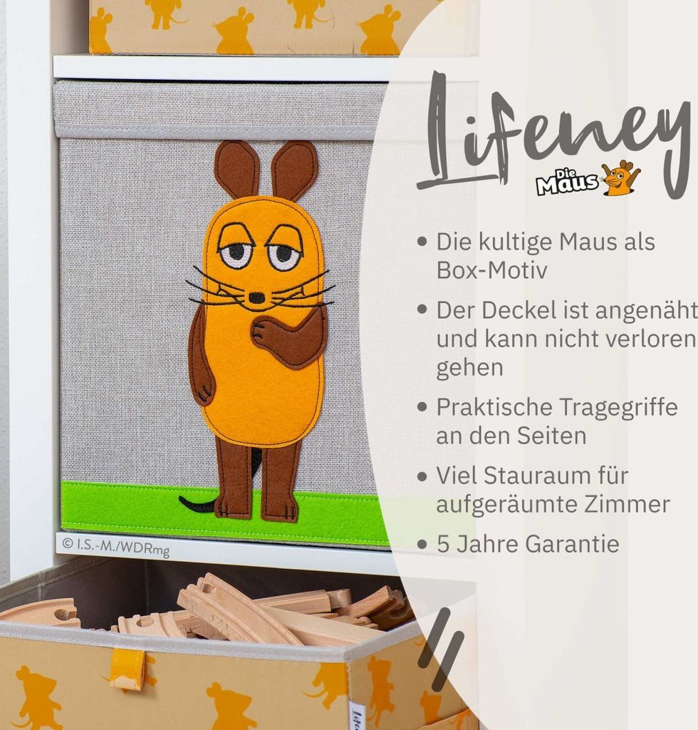 Lifeney meets "Die Maus" Aufbewahrungsbox mit Deckel für Kinder Box mit der kultigen Maus zum Verstauen von Spielzeug 33 x 33 x 33 cm passend für...