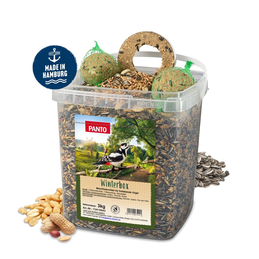 PANTO Winterbox 3kg - Wildvogelfutter Mix Streufutter und Meisenknödel