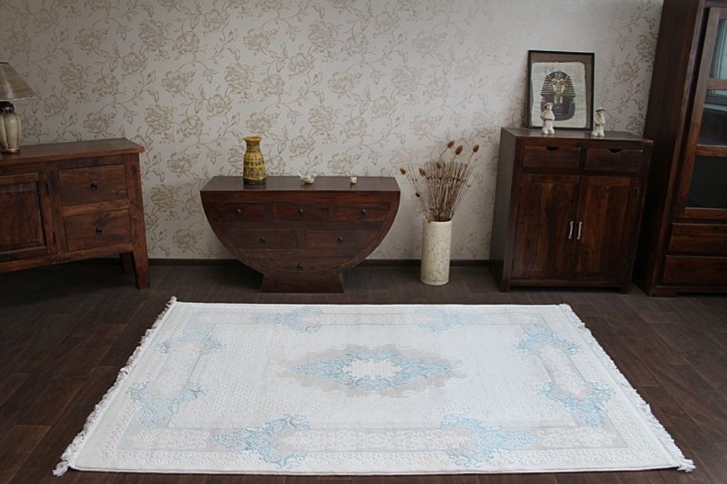 Teppich ACRYL MIRADA 5417 Blau ( Mavi ) Franse beige 100x300 cm