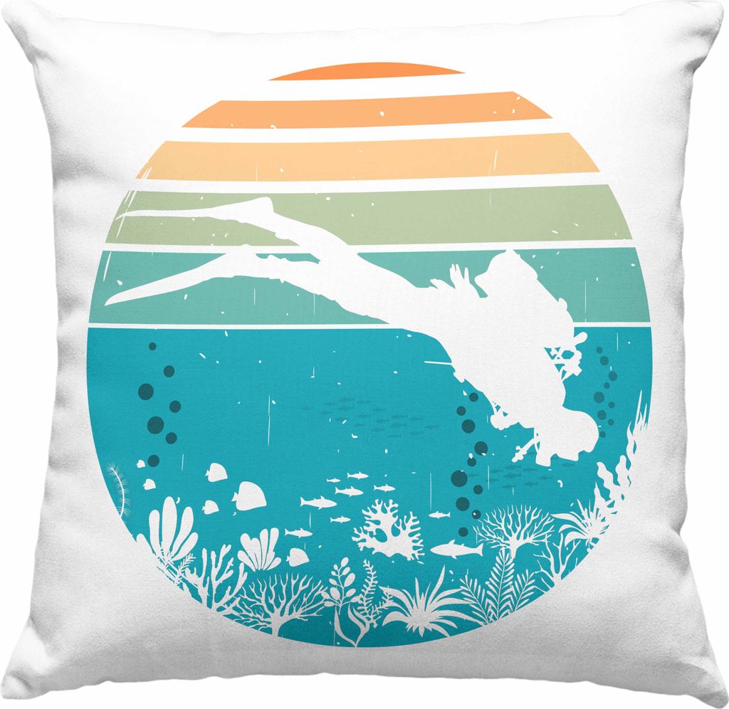 Trendation - Taucher Grafik Deko-Kissen mit Füllung 40x40 Geschenk für Tauchlehrer Geschenkidee Lustig Tauchen Tauchsport Wasser (Blau)