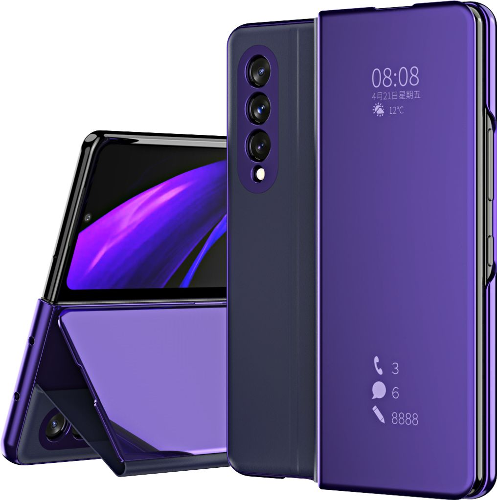 Samsung Galaxy Z Fold 3 5G Hülle, Lichtdurchlässigen Spiegel Abdeckung, Klappetui Kunstleder Schutzhülle für Samsung Galaxy Z Fold 3 5G Lila
