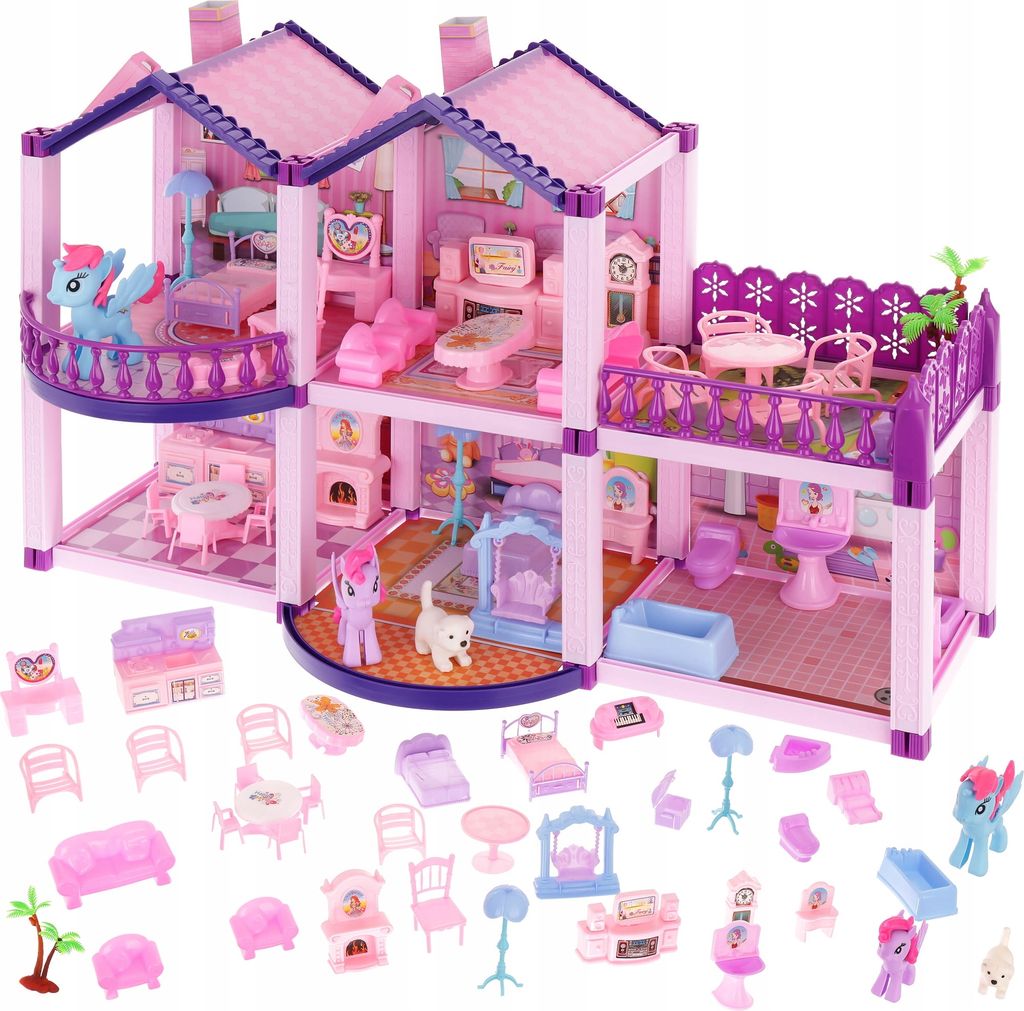 A pink dollhouse with purple accents, furnished with miniature furniture and toy ponies.