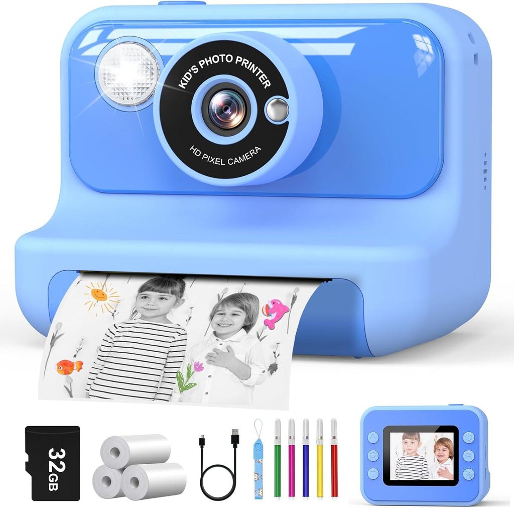 Kinderkamera 2,4 Zoll Sofortbildkamera mit 32G Karte & Druckpapier,1080P Kamera Kinder Sofortdruck mit Farbige Stifte,Geschenk für Kinders 3-12 Ja...