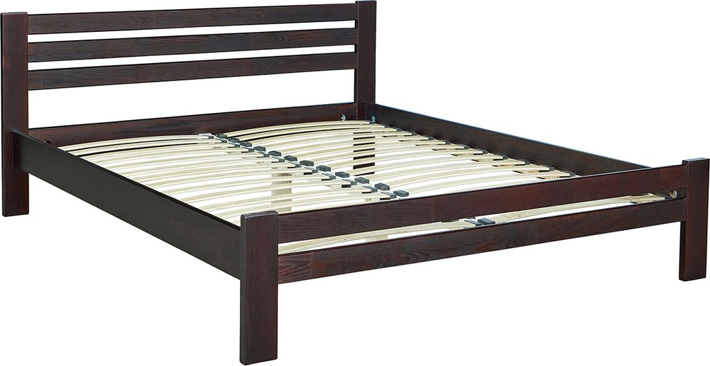 A dark brown wooden double bed frame with a slatted base, shown from a side-diagonal angle against a white background.