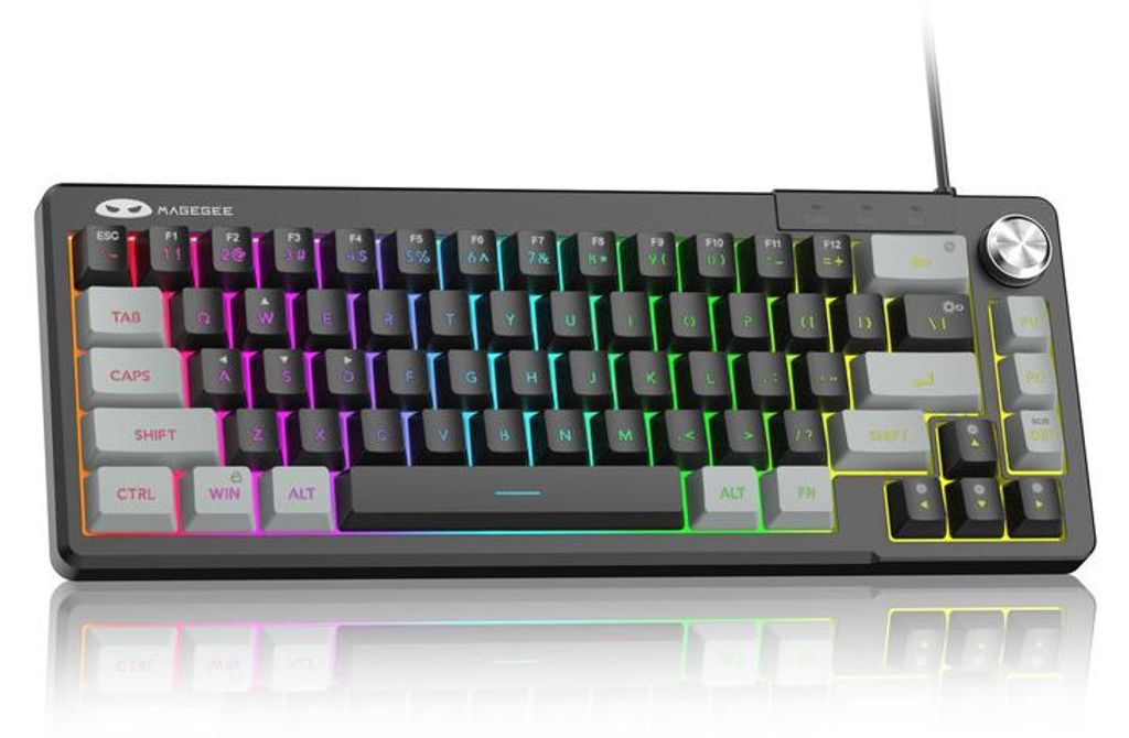 65% Gaming Tastatur RGB kabelgebunden, 66 Tasten Membran Keyboard mit Lautstärke-Drehregler, Anti-Ghosting & FN-Funktionen Grau-Schwarz