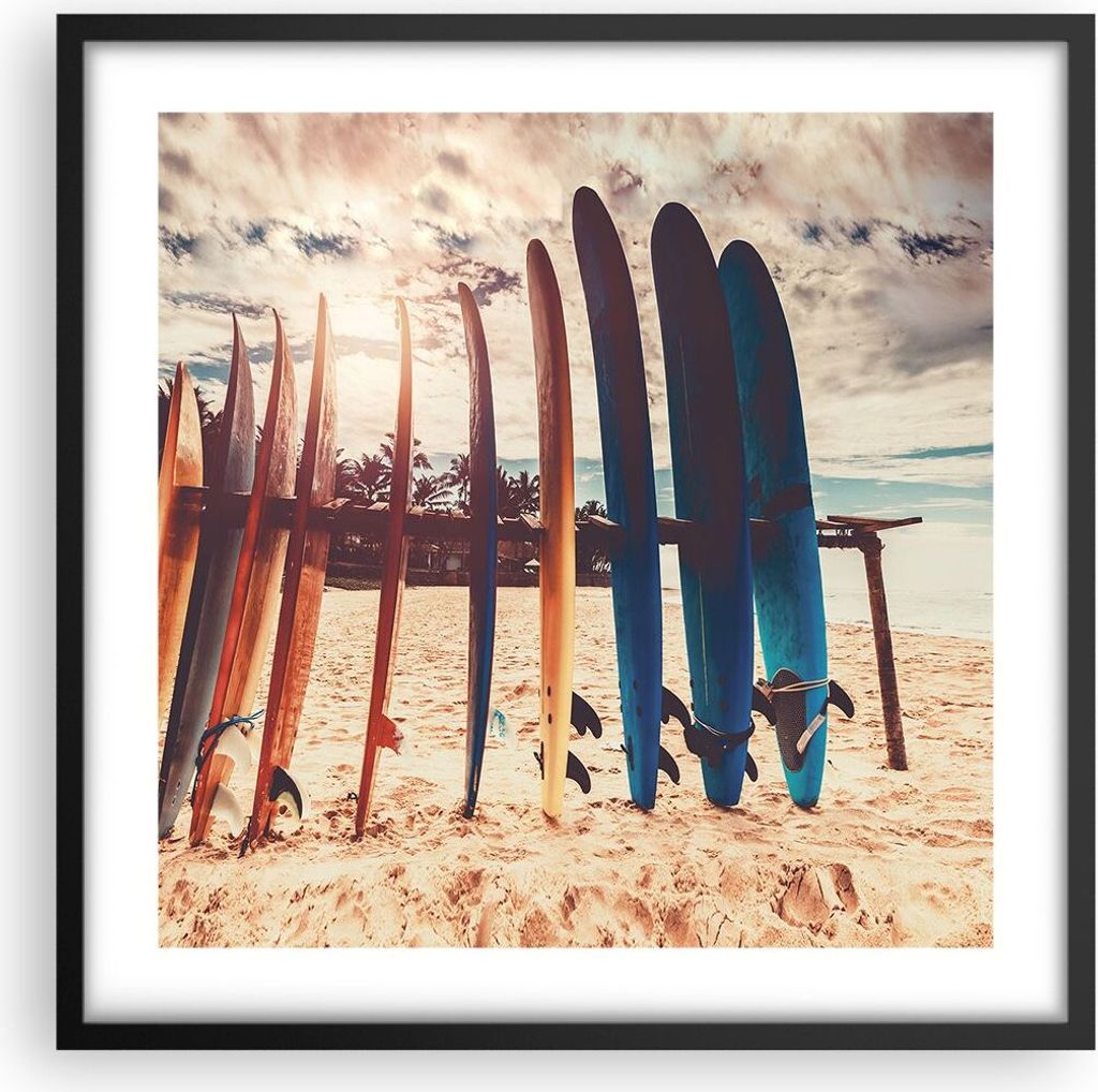 Gerahmtes Poster - Schwarzer Rahmen - Surfen Strand Board - 50x50 cm - Wand Bild - Wanddeko - Wandbilder - Kunstposter - Wandposter - Bilderrahmen ...