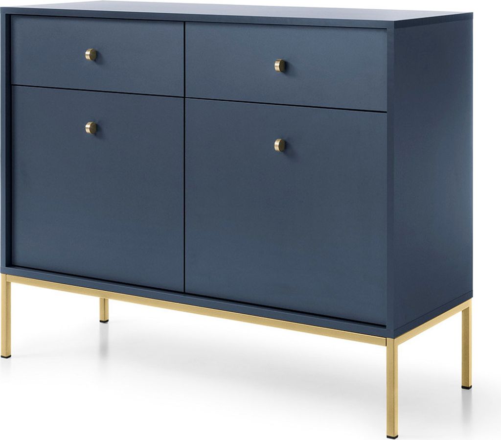 RAVIO Stilvolle Kommode Bari KSZ104 Sideboard zwei Schubladen und zwei Türen Wohnzimmer Anrichte (Dunkelblau + Goldene Beine)