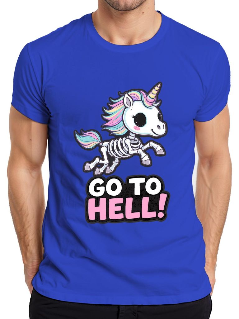 Skelett Einhorn Go To Hell Pastell Regenbogenmähne Gothic Herren T-Shirt, Blau, XL