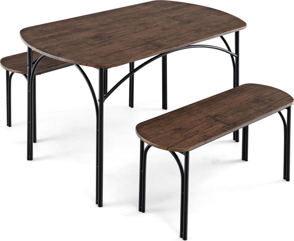 3-teiliges Esstisch-Set, 120 cm lange platzsparende Sitzgruppe mit Holztisch, 2 Bänken, Metallrahmen & abgerundeten Ecken, Frühstücks-Set, Braun
