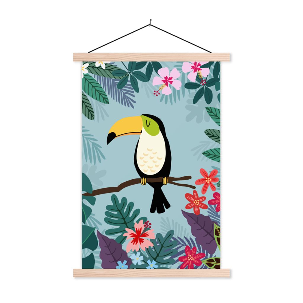 MuchoWow Textilposter Tukan - Pflanzen - Kinder - Tiere - Kinder 120x180 cm mit holzfarbenen Rahmen - Textil-Plakat