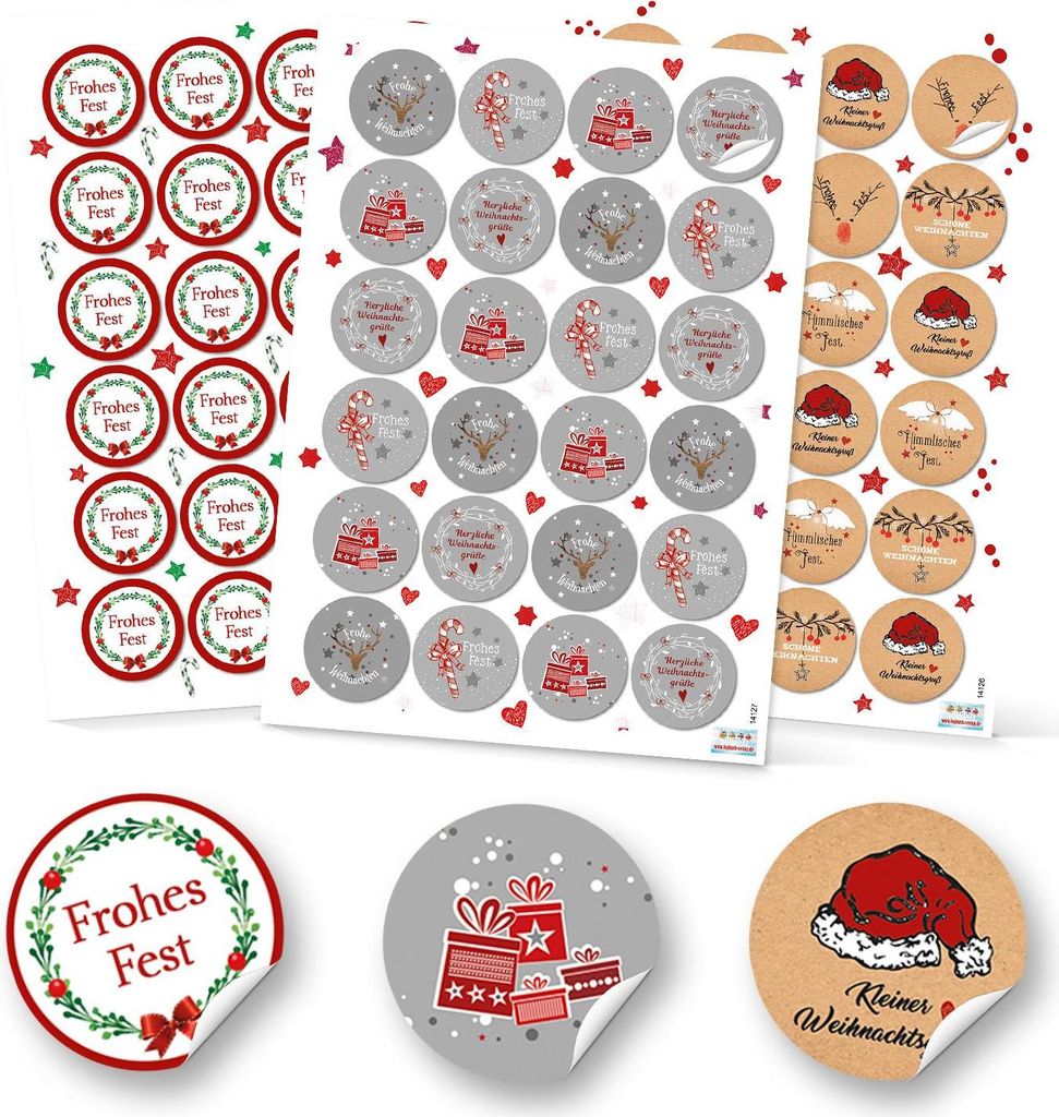 SET 3 x 24 runde weihnachtliche Aufkleber 4 cm in Rot, Grün, Grau, Schwarz, Beige, Natur und Weiß