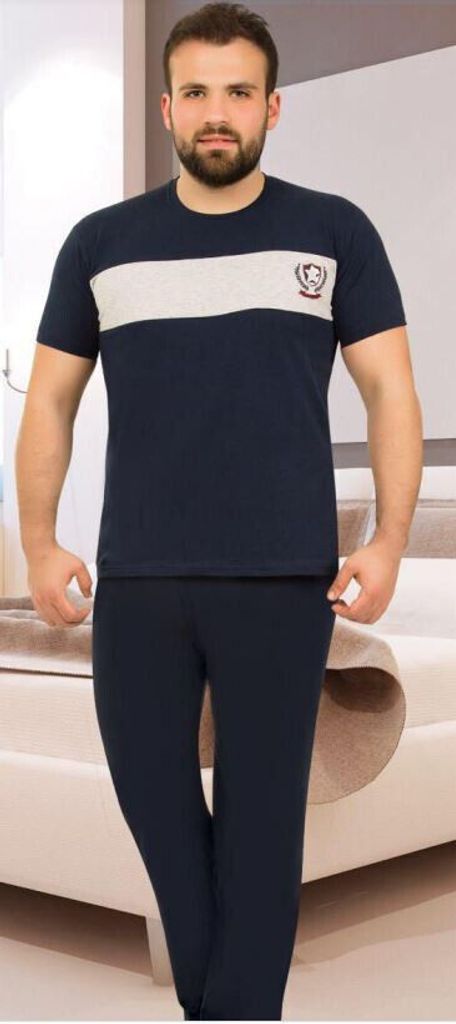 Herren Pyjama Schlafanzug Marineblau XL %100 Baumwolle Kurz 2-Teiler Set R-75
