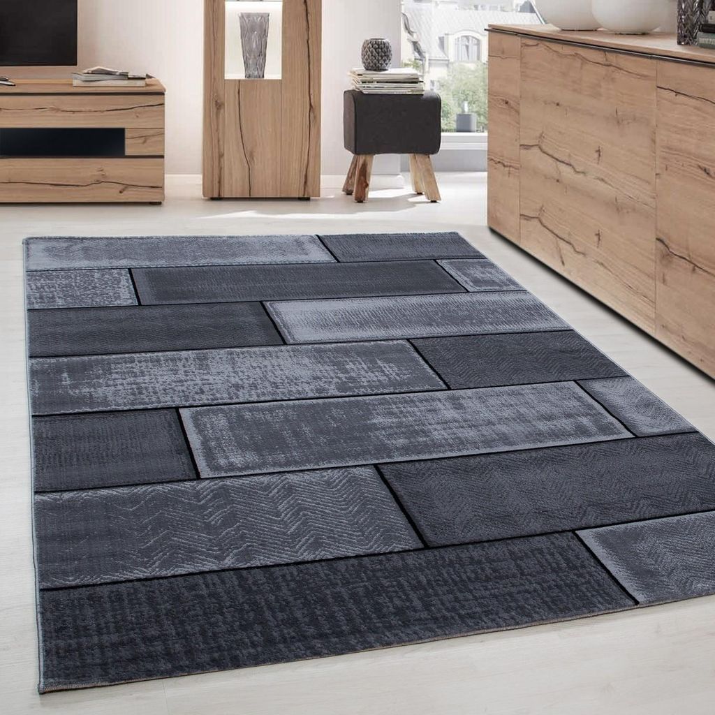 Moderner Wohnzimmerteppich, Backsteinmuster, Kurzflor, schwarz und grau 120 x 170 cm