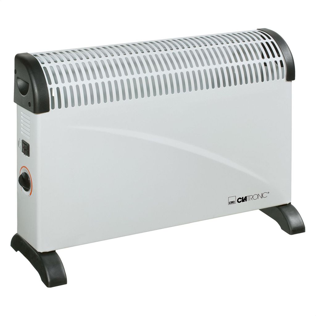 A white electric heater with black accents and feet, shown against a white background.
