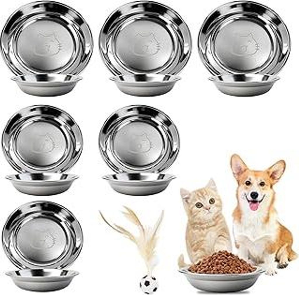 6 Stück Katzennäpf Flach Edelstahl, Futternapf Katze Stoßfest mit Katzen-Hüpfbälle, Fressnapf Katzenteller für Nass und Trockenfutter, Katzen...