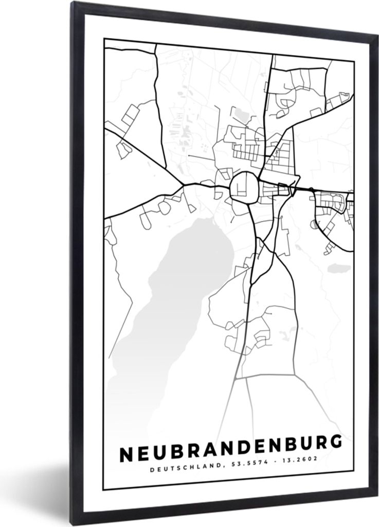 MuchoWow Gerahmtes Poster Stadtplan - Neubrandenburg - Karte 60x90 cm - Poster mit Schwarzem Bilderrahmen Wandposter Rahmen Foto Bilder - Kunst