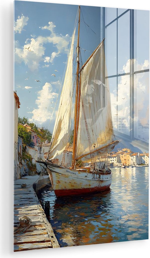 MuchoWow Glasbilder - Bilder auf Wandbild - Foto auf Glas Segelschiff - Häuser - Kai - Meer 40x60 cm Wanddekoration aus Glas - Acrylglasbild - Acr...