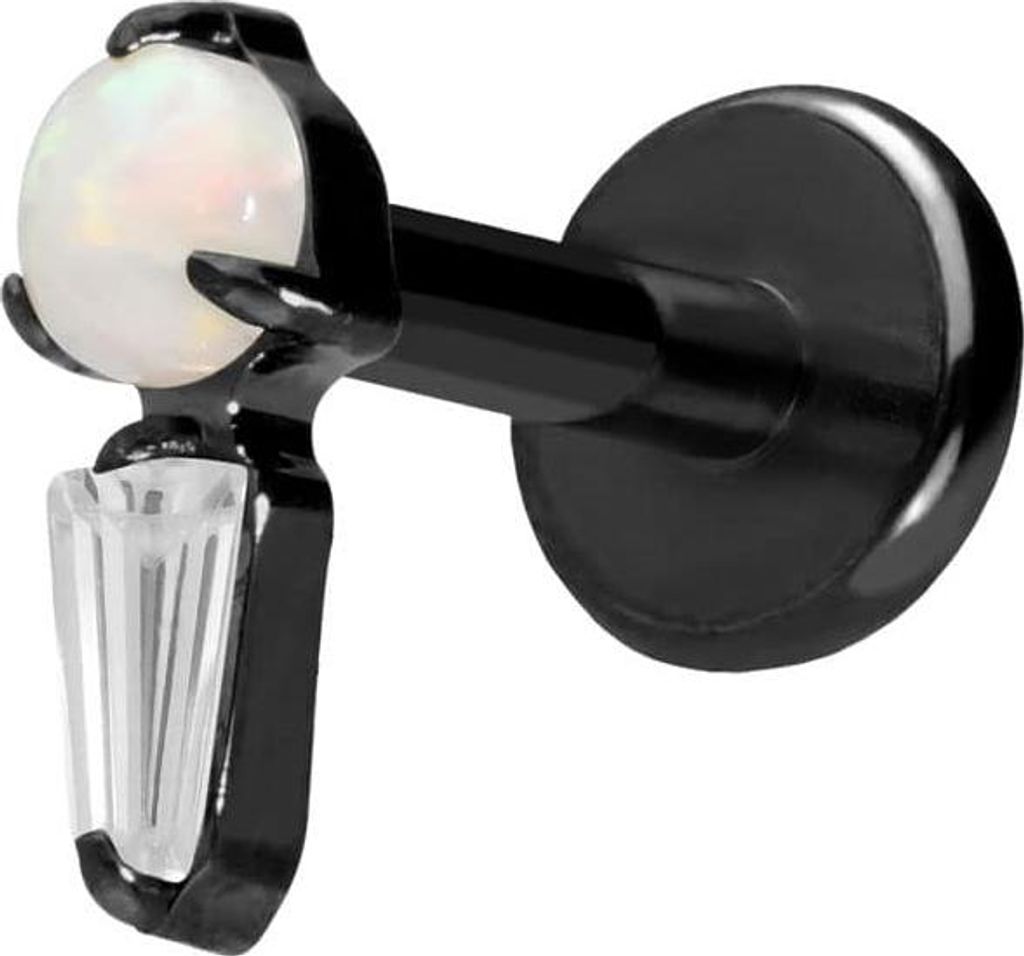 Ohrpiercing, Nasenpiercing Titan Labret mit Push Fit SYNTHETISCHER OPAL + KRISTALLRECHTECK Schwarz Stablänge: 6mm | Stabstärke: 1,2mm