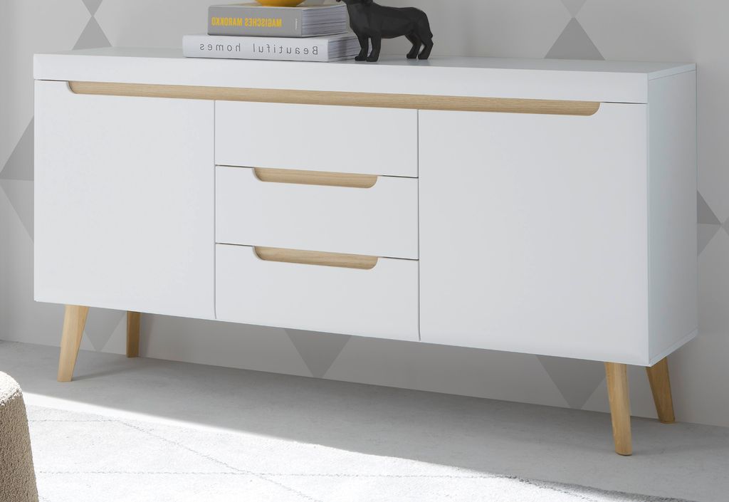 Sideboard "Isgard" in weiß matt und Scandi Eiche Kommode skandinavisch 160 cm