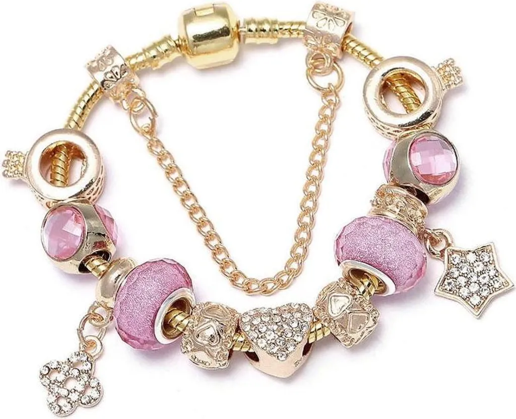 Bracciale modulare con ciondoli dorati e perline rosa, 18 cm, metallo con zirconi