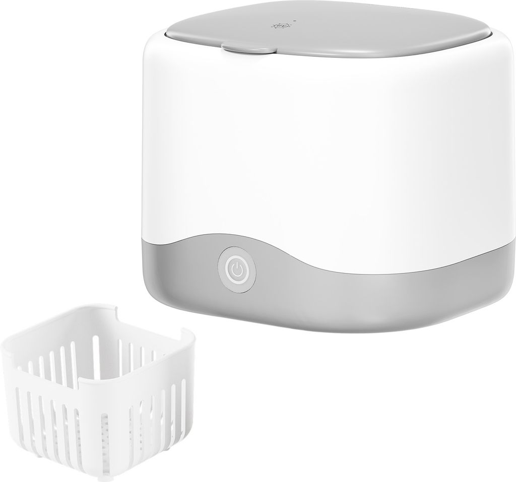 A white and gray ultrasonic cleaner with a white basket accessory, shown on a white background.