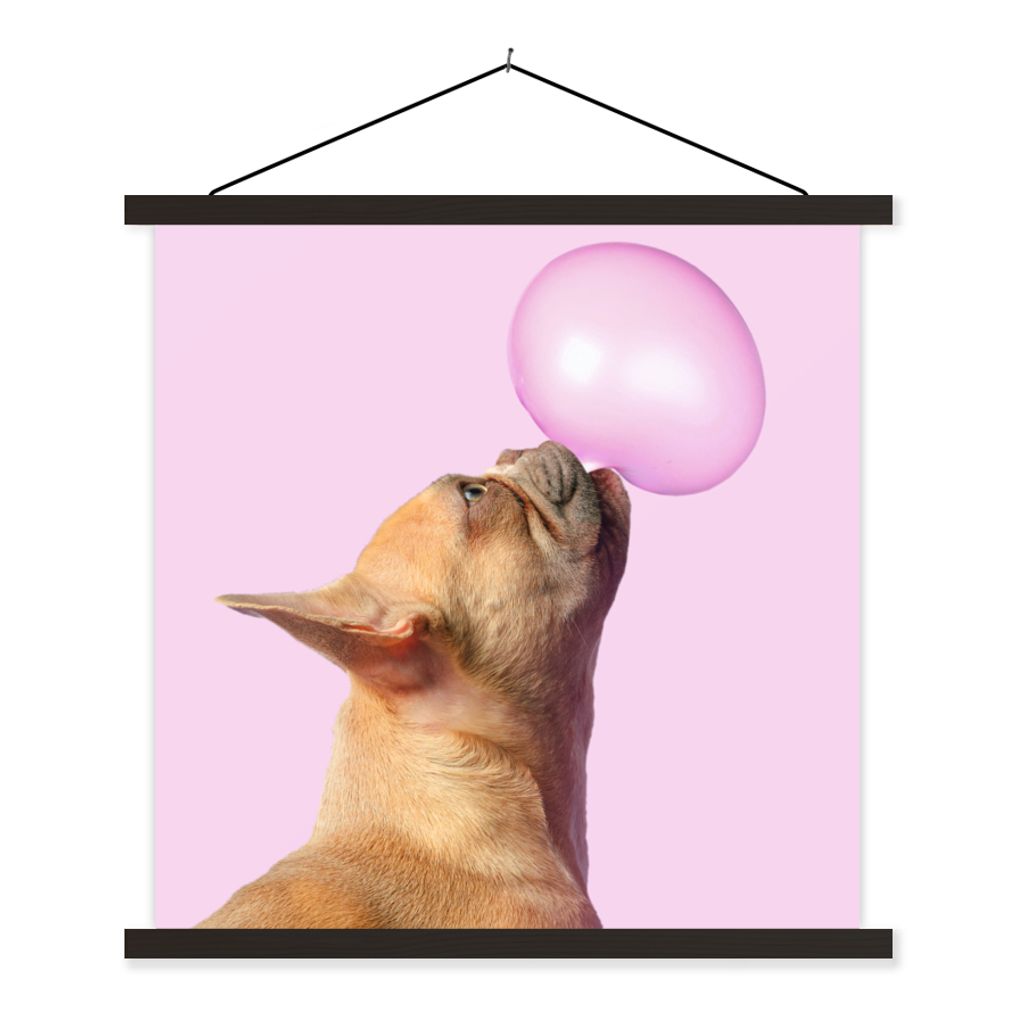 MuchoWow Textilposter Hund - Tiere - Kaugummi - Rosa 60x60 cm mit schwarzem Rahmen - Posteraufhänger