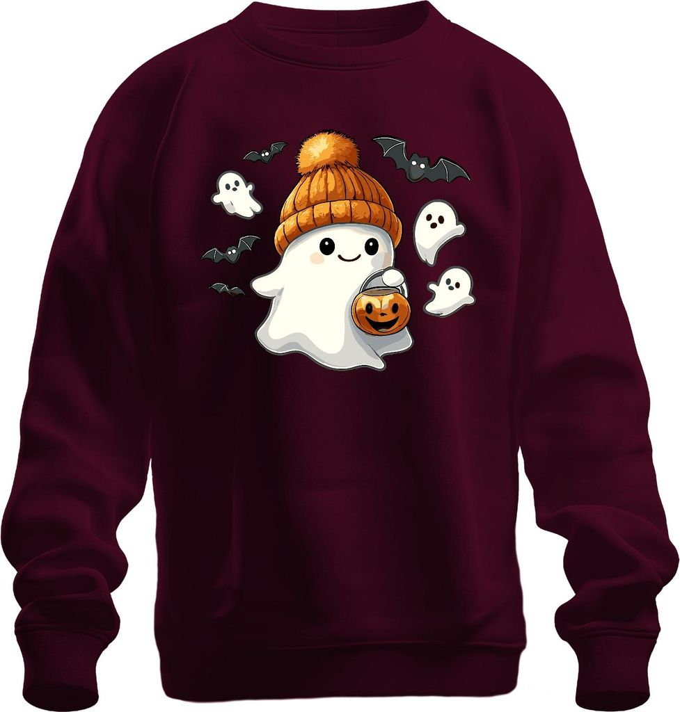 Niedlicher Halloween Geist mit Mütze Kürbis Laterne Kawaii Süßes Uni Sweatshirt Pullover, Burgundy, XXL