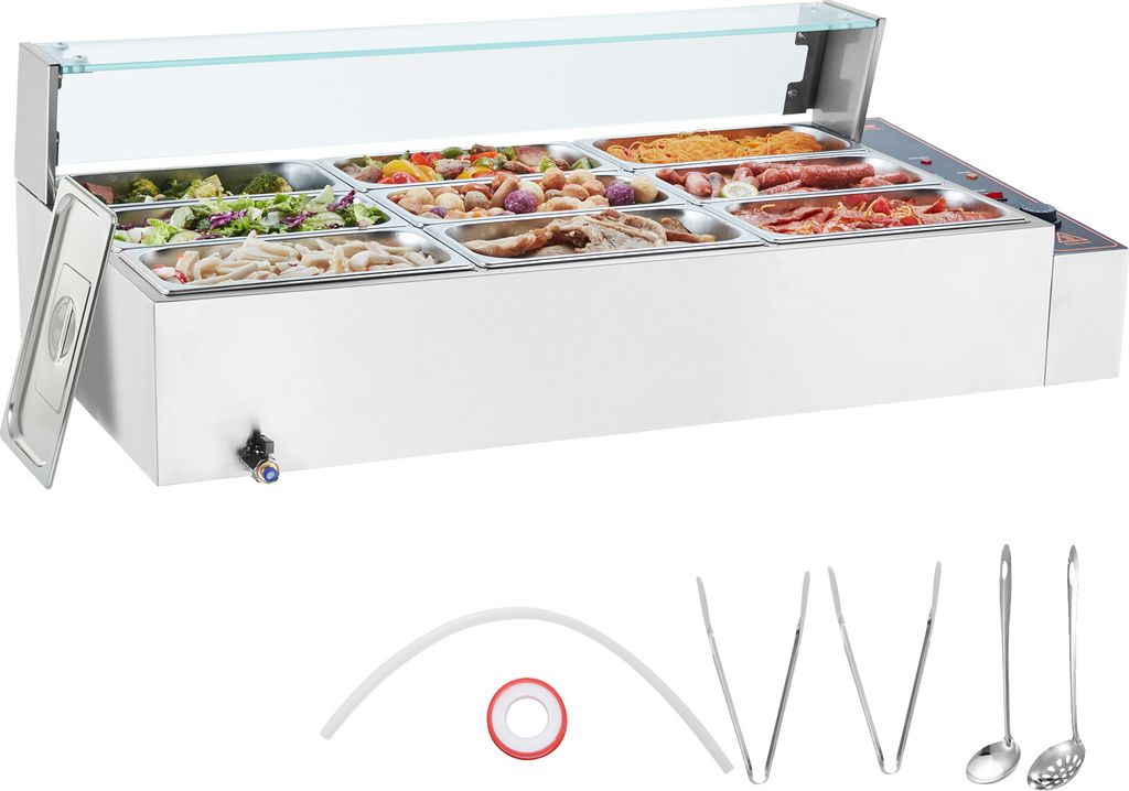 VEVOR kommerzieller Speisenwärmer mit 9 Behältern (je 5 Qt / 1/3 Größe), elektrischer Dampftisch mit Glasabdeckung, 1500 W Arbeitsplatte Buffet...