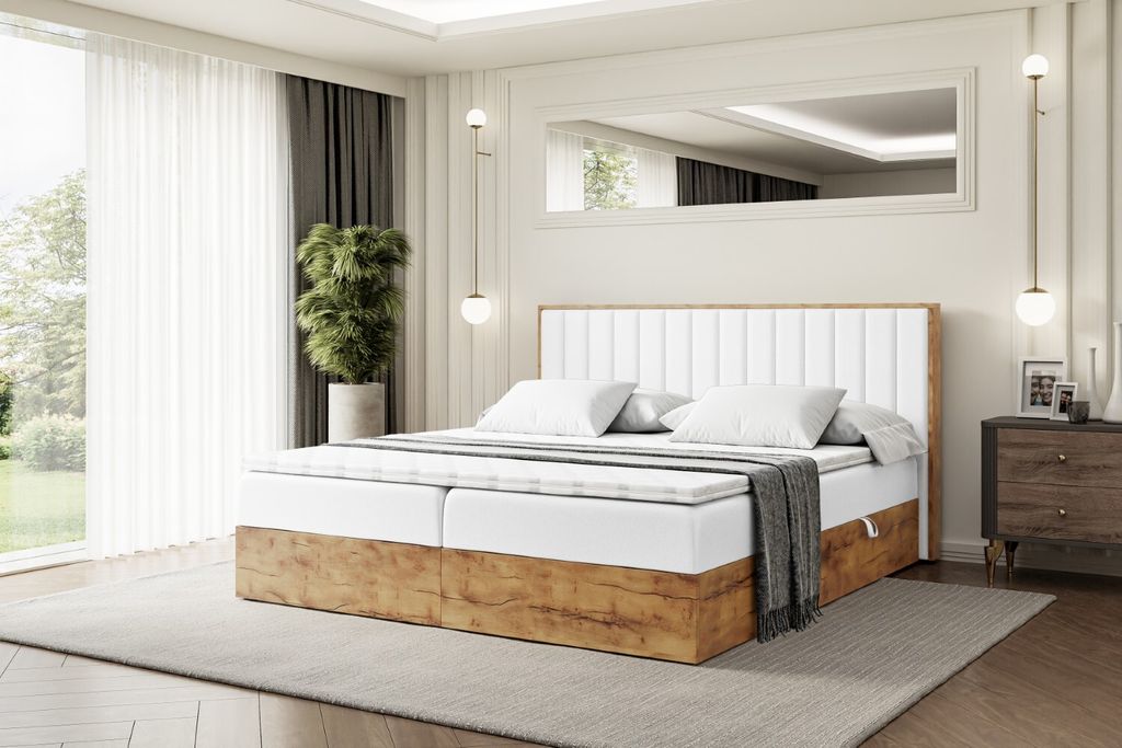 ALTDECOR Boxspringbett LOLLI4 mit H4-Matratze, Kopfteil und Bettkasten mit Eiche Holz - 160x200 - Weiß Kunstleder